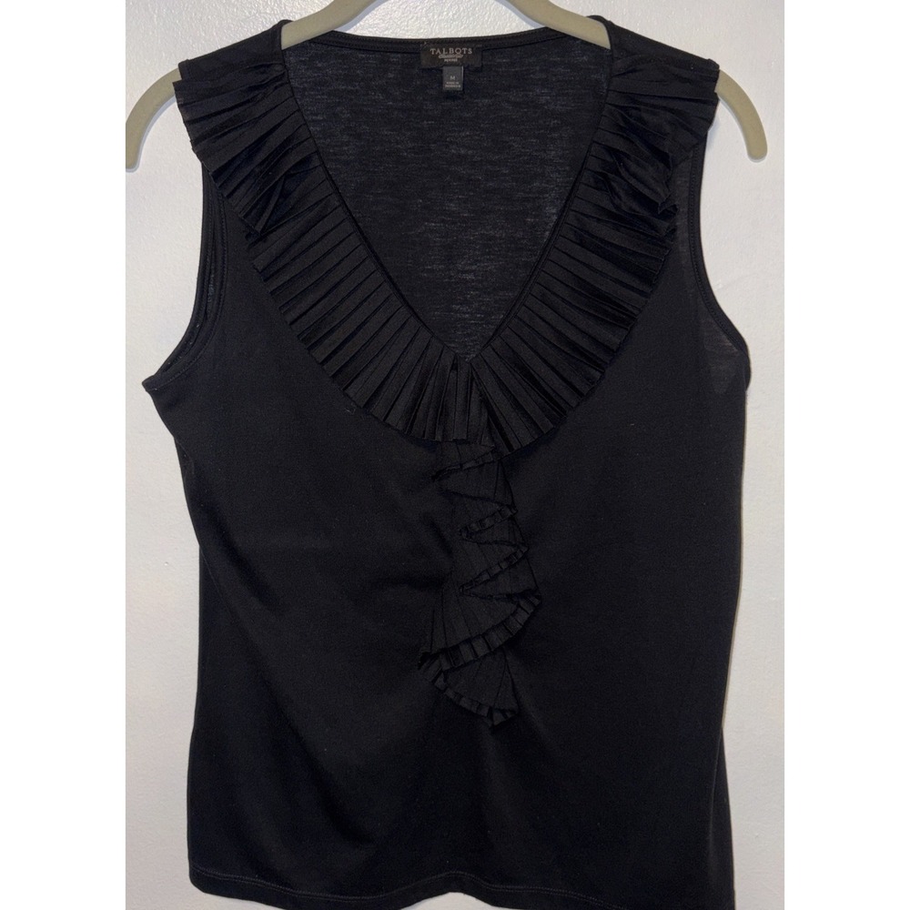 Talbots Womens Top Petites Medium Black Ruffle V‎ Neck Sleeveless Stretch